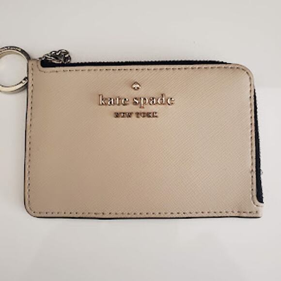 Kate Spade New York L Zip Card Case Beige and Black with Key Ri Saffiano Leather - Picture 1 of 7